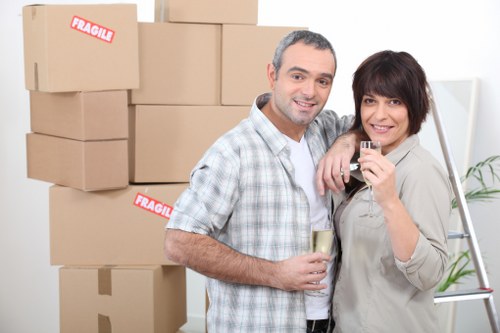 Packed moving boxes prepared for a Highbury flat removal